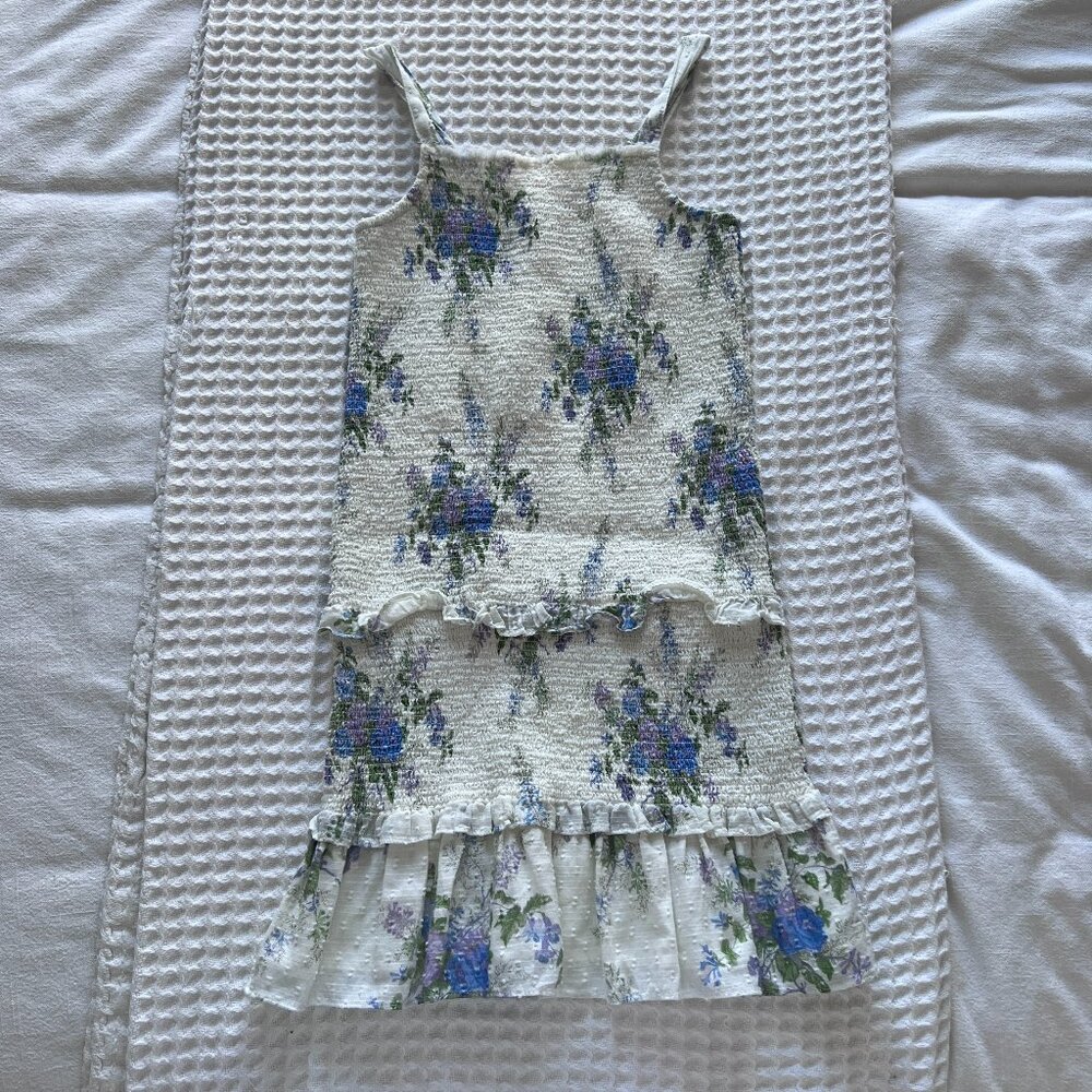 LoveShackFancy Girls White Floral Tiered Sundress with Blue & Green Print